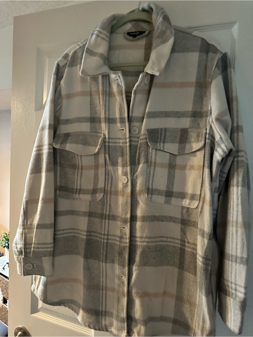 George Plaid Button-Up Shacket in Cream, Gray & Tan